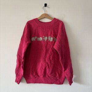 Vintage Cat Print Crewneck Sweatshirt Girls Large Pink Made In USA Sporty School